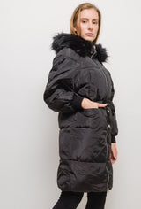Manteau long à capuche avec fourrure CLARA noir