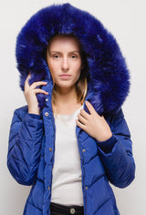Manteau long à capuche avec fourrure LAURA bleu