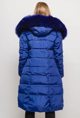 Manteau long à capuche avec fourrure LAURA bleu