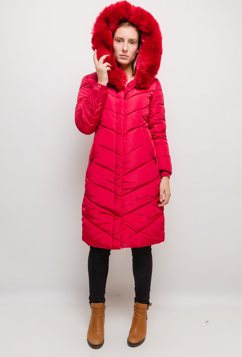 Manteau long à capuche avec fourrure LAURA rouge