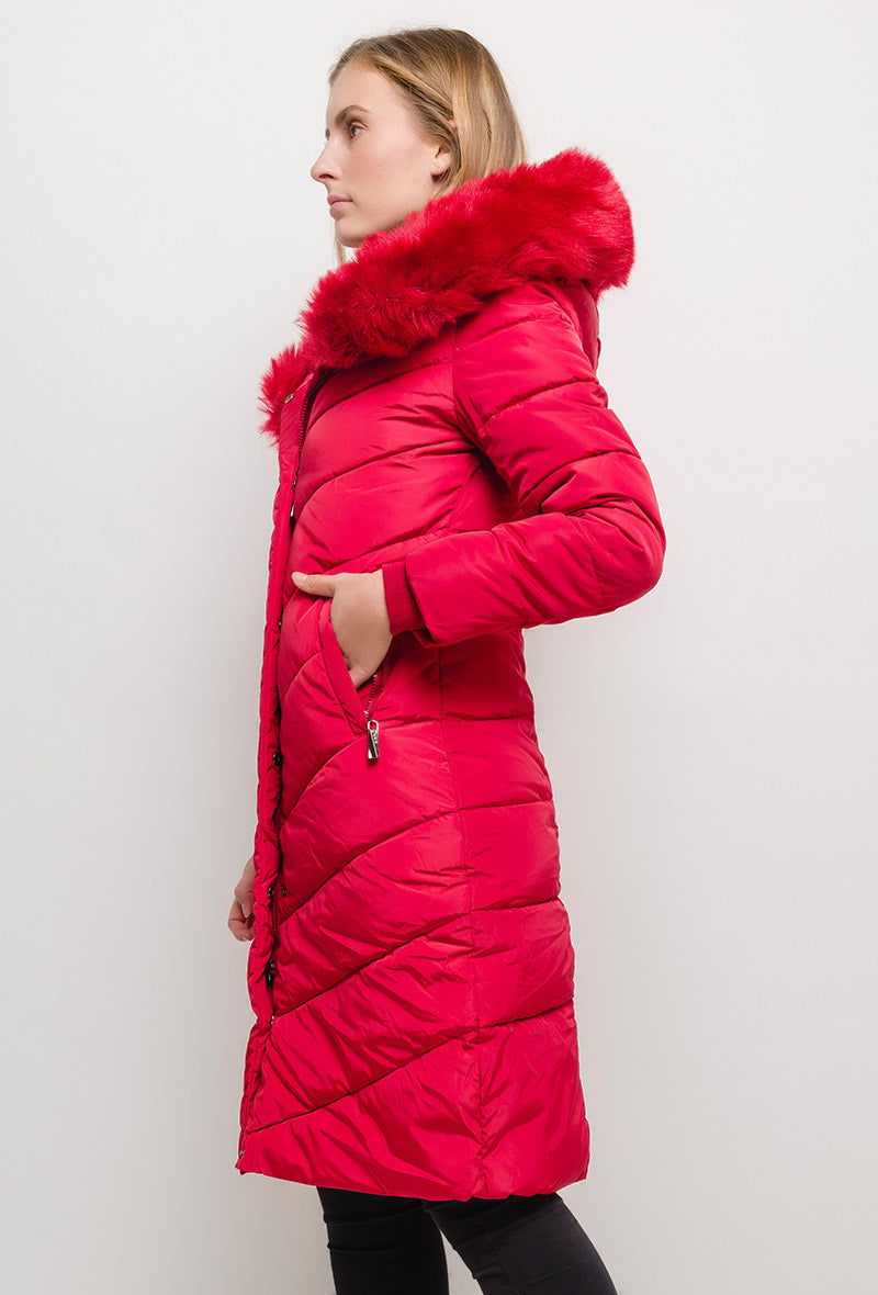 Manteau long à capuche avec fourrure LAURA rouge