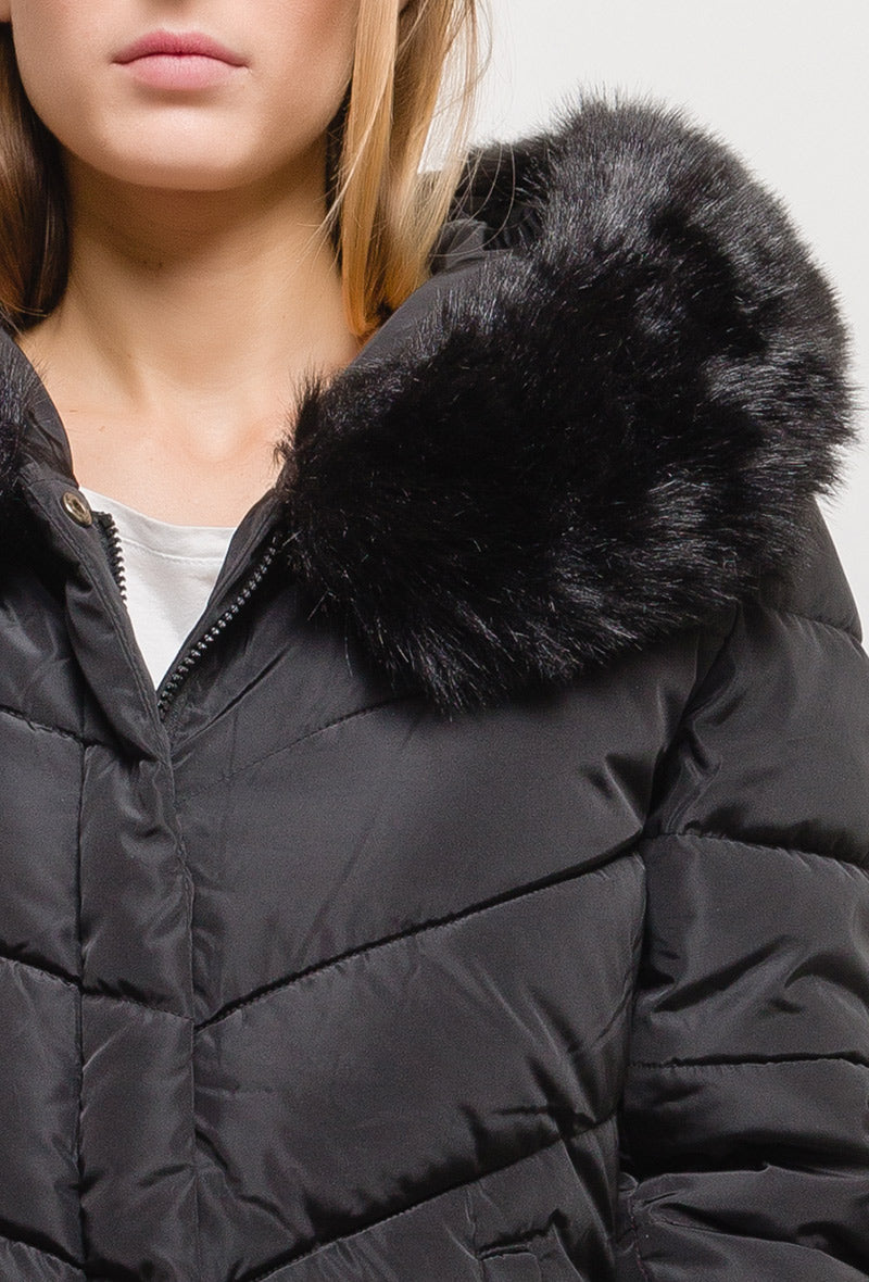Manteau long à capuche avec fourrure LAURA noir