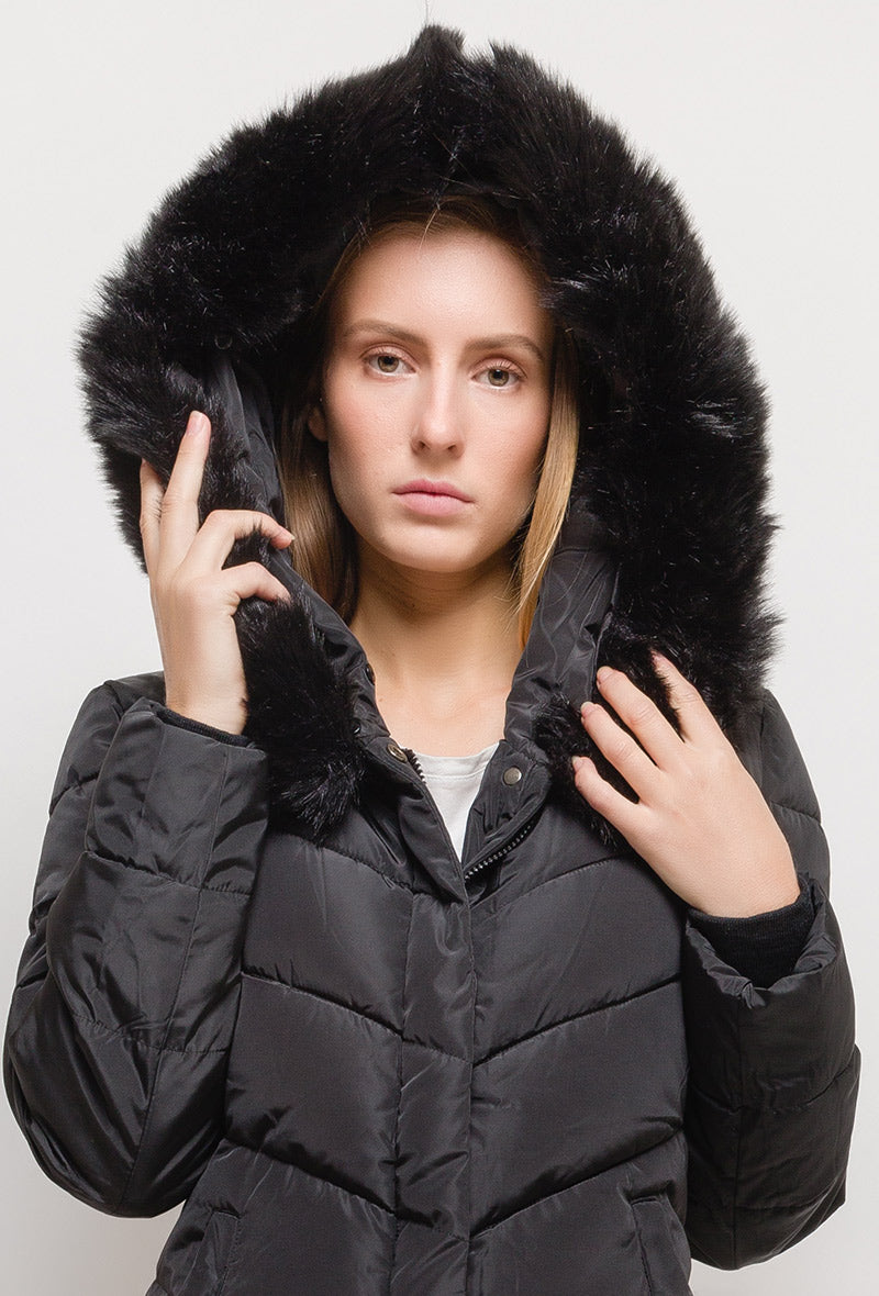 Manteau long à capuche avec fourrure LAURA noir